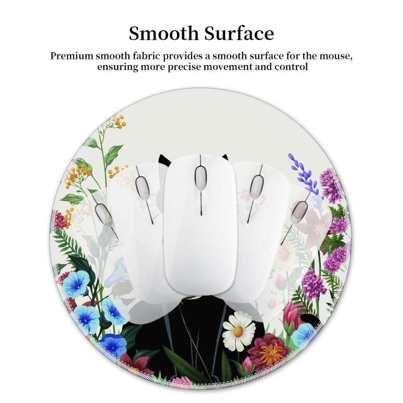 Hancynir Black Cat Floral Mouse Pad for Desk, Small Cute Mousepad with Non-Slip Base, Round Mouse Pads for Wireless Mouse Laptop Gaming, Computer Mouse Mat for Office Decor Desk Accessories Supplies - Image 5